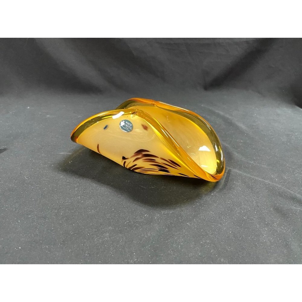 Murano Lavorazione Crystal Italian Glass Folded Bowl Amber Yellow Decorative 9 ¾